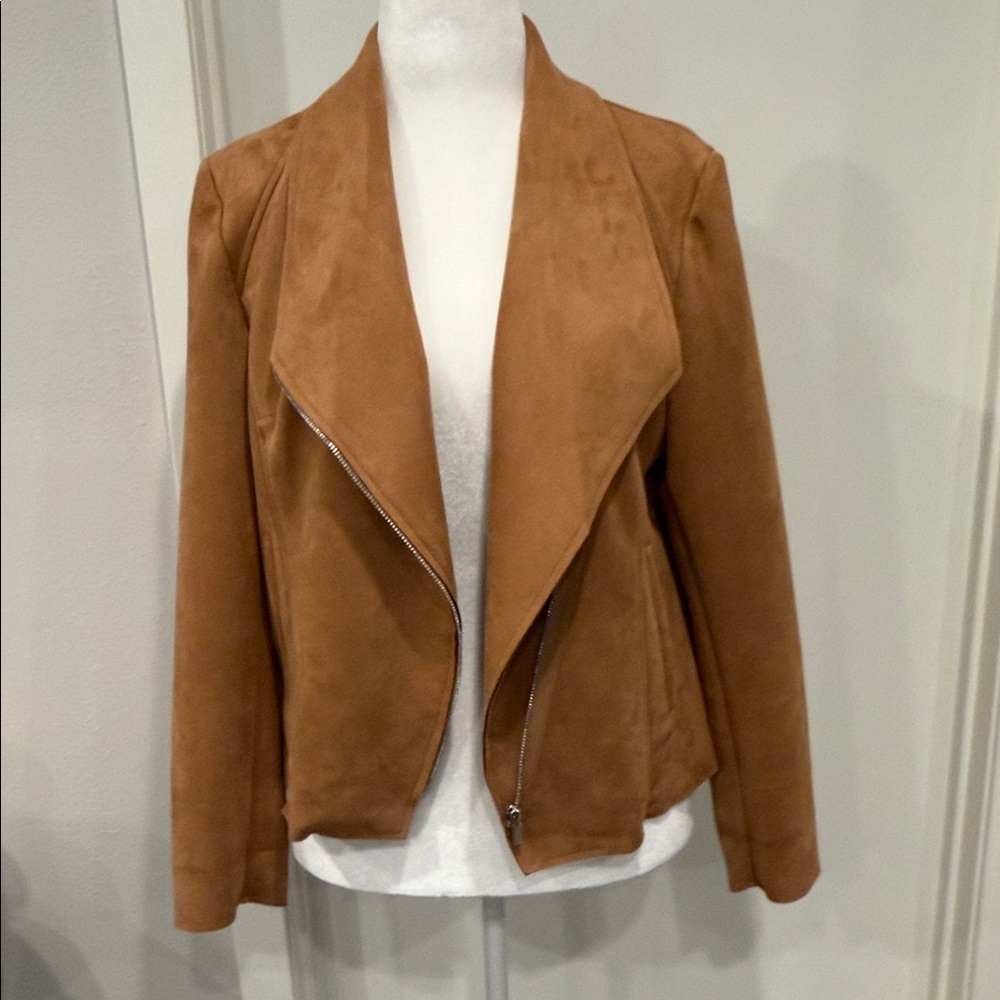 Tahari Camel Faux Suede Draped Moto Jacket Open Front Lightweight Layer Medium - Picture 5 of 8